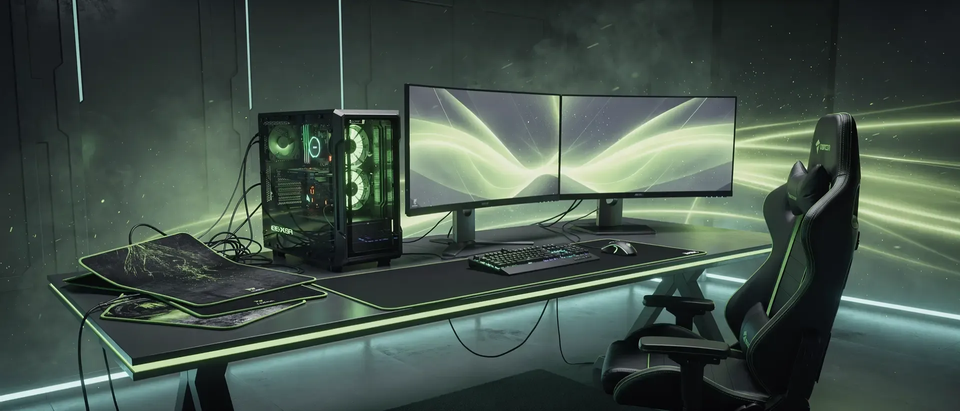 Generate a ultrawide cinematic 21:9 cyber image for this blog section, dark background, vivid neon-green accent (#00FF41) glowing light trails and atmosphere, futuristic high-end PC gaming room.
