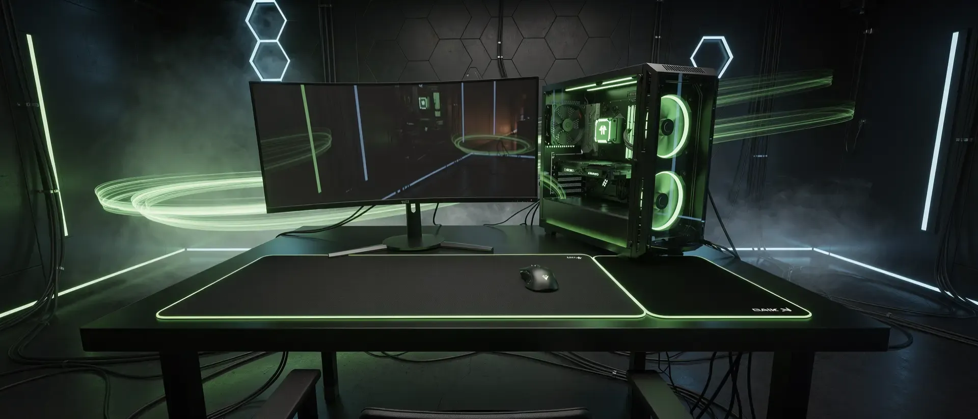 Generate a ultrawide cinematic 21:9 cyber image for this blog section, dark background, vivid neon-green accent (#00FF41) glowing light trails and atmosphere, futuristic high-end PC gaming room.