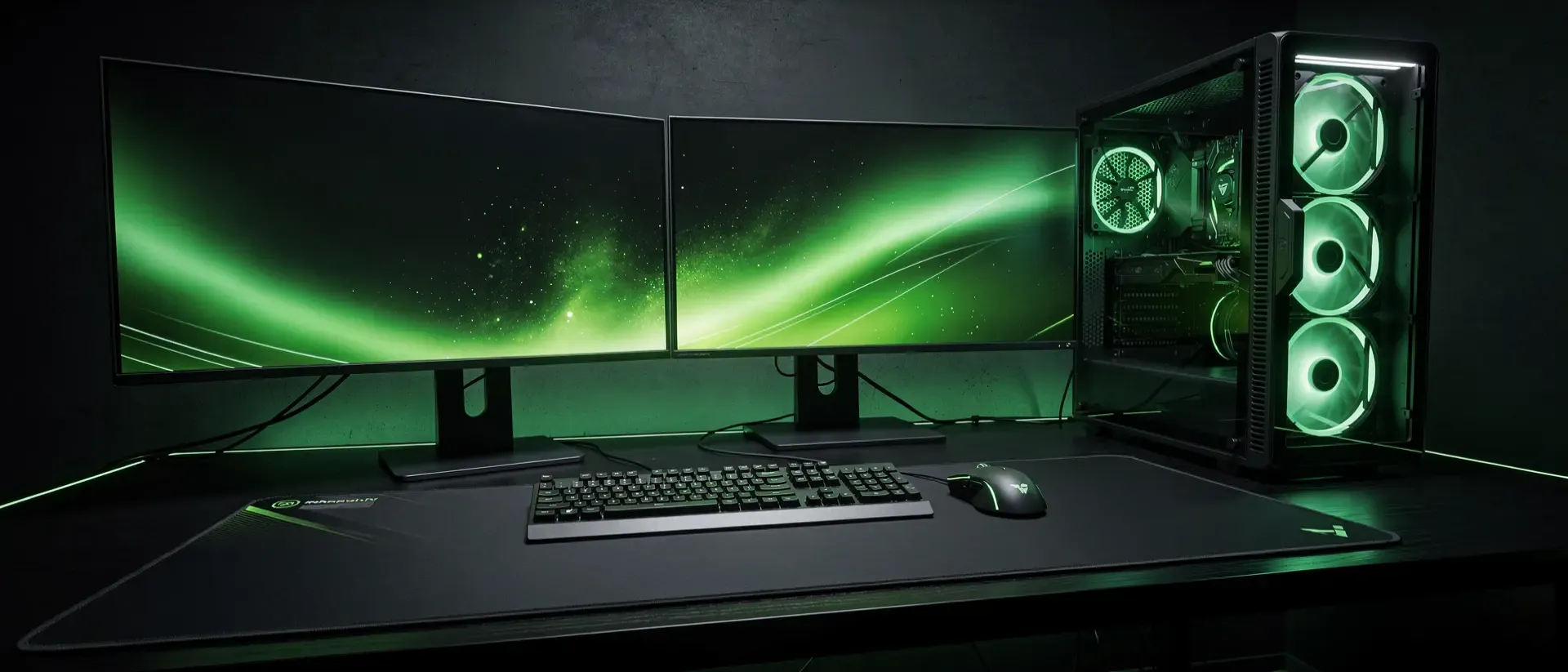 Generate a ultrawide cinematic 21:9 cyber image for this blog section, dark background, vivid neon-green accent (#00FF41) glowing light trails and atmosphere, futuristic high-end PC gaming room.