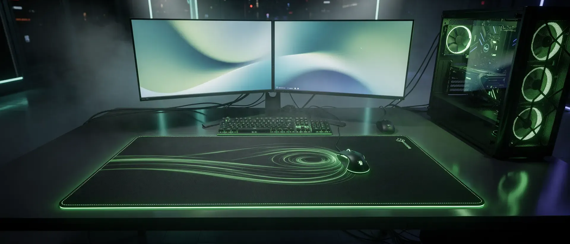 Generate a ultrawide cinematic 21:9 cyber image for this blog section, dark background, vivid neon-green accent (#00FF41) glowing light trails and atmosphere, futuristic high-end PC gaming room.