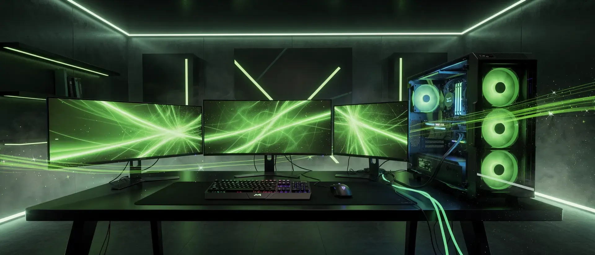 Generate a ultrawide cinematic 21:9 cyber image for this blog section, dark background, vivid neon-green accent (#00FF41) glowing light trails and atmosphere, futuristic high-end PC gaming room.