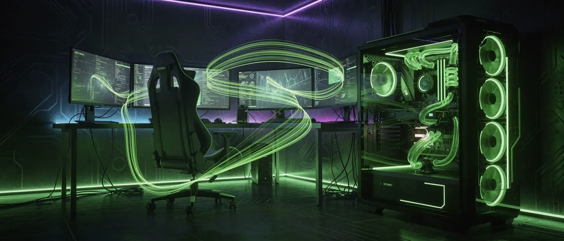 Generate a ultrawide cinematic 21:9 cyber image for this blog section, dark background, vivid neon-green accent (#00FF41) glowing light trails and atmosphere, futuristic high-end PC gaming room.
