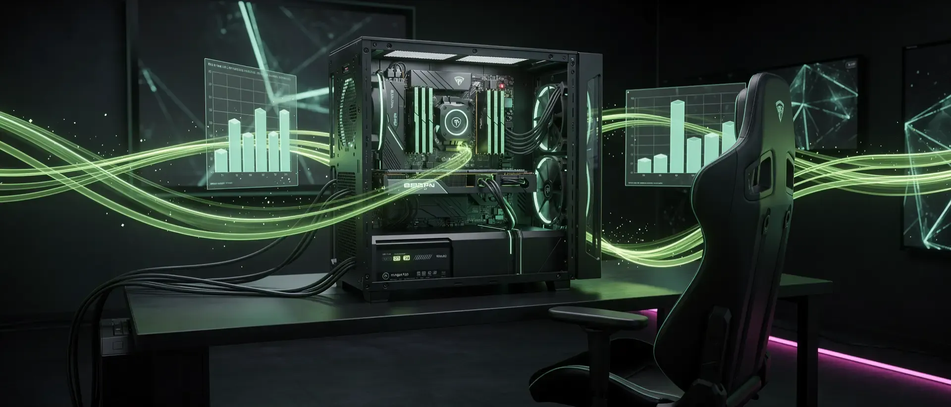 Generate a ultrawide cinematic 21:9 cyber image for this blog section, dark background, vivid neon-green accent (#00FF41) glowing light trails and atmosphere, futuristic high-end PC gaming room.