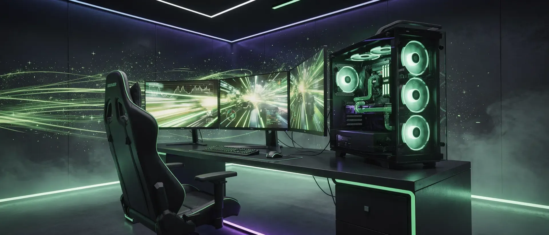 Generate a ultrawide cinematic 21:9 cyber image for this blog section, dark background, vivid neon-green accent (#00FF41) glowing light trails and atmosphere, futuristic high-end PC gaming room.