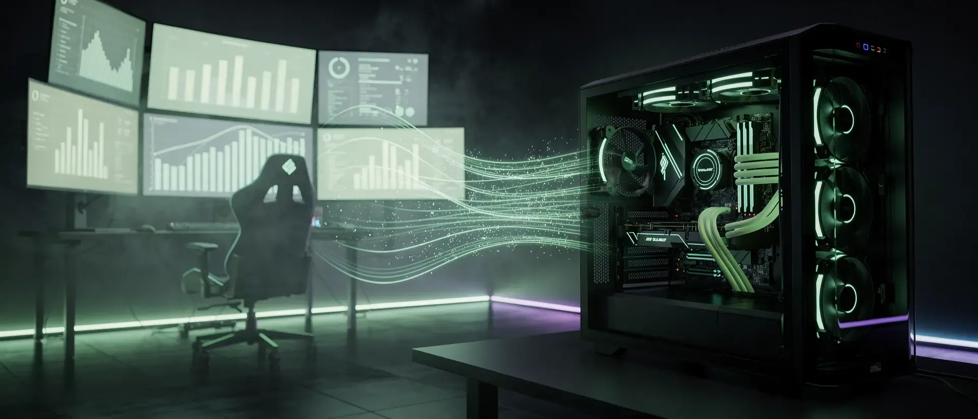 Generate a ultrawide cinematic 21:9 cyber image for this blog section, dark background, vivid neon-green accent (#00FF41) glowing light trails and atmosphere, futuristic high-end PC gaming room.