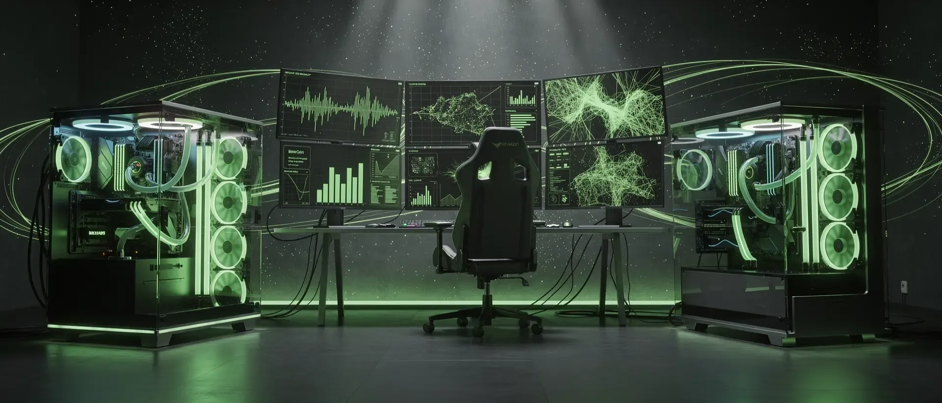 Generate a ultrawide cinematic 21:9 cyber image for this blog section, dark background, vivid neon-green accent (#00FF41) glowing light trails and atmosphere, futuristic high-end PC gaming room.
