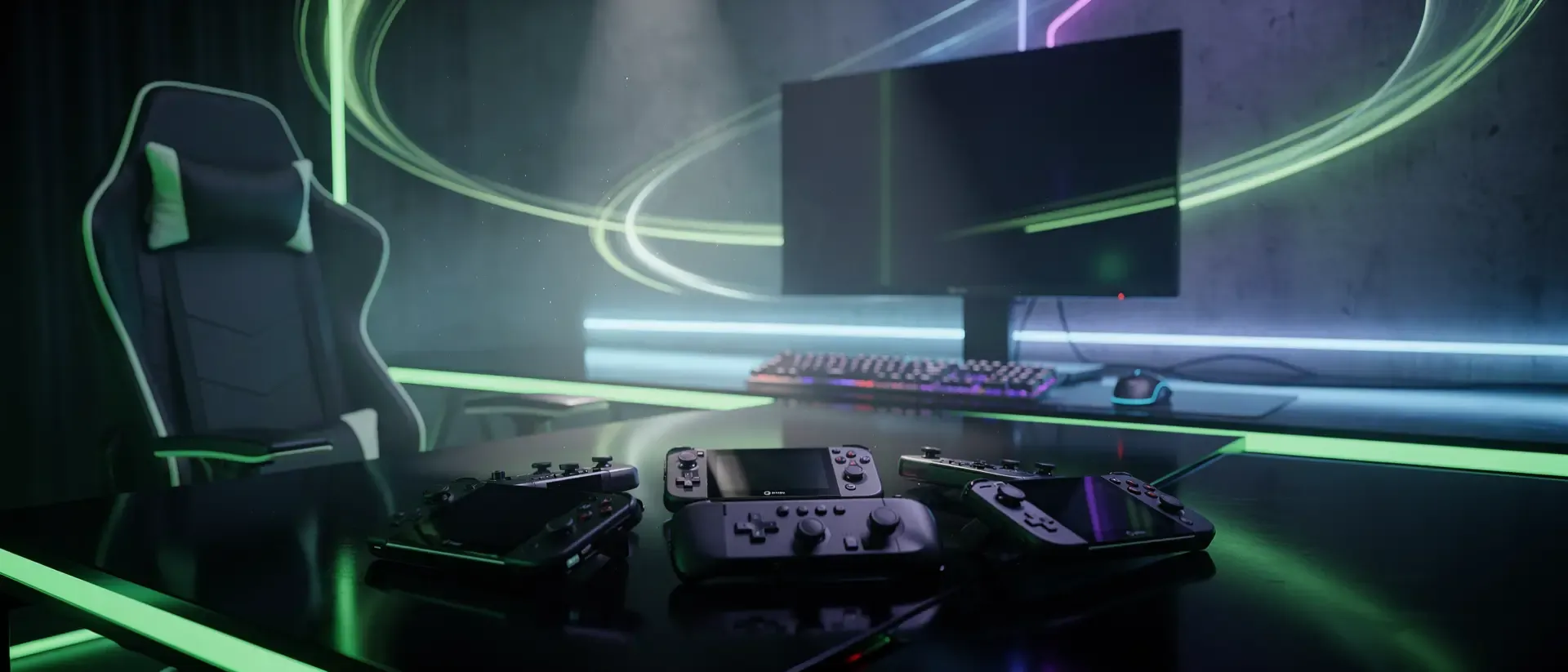 Futuristische Gaming-Ecke in Dunkelblau und Violett mit leuchtend neongrünen Akzenten, schwebenden Lichtspuren und Handheld-Geräten auf einem Schreibtisch.