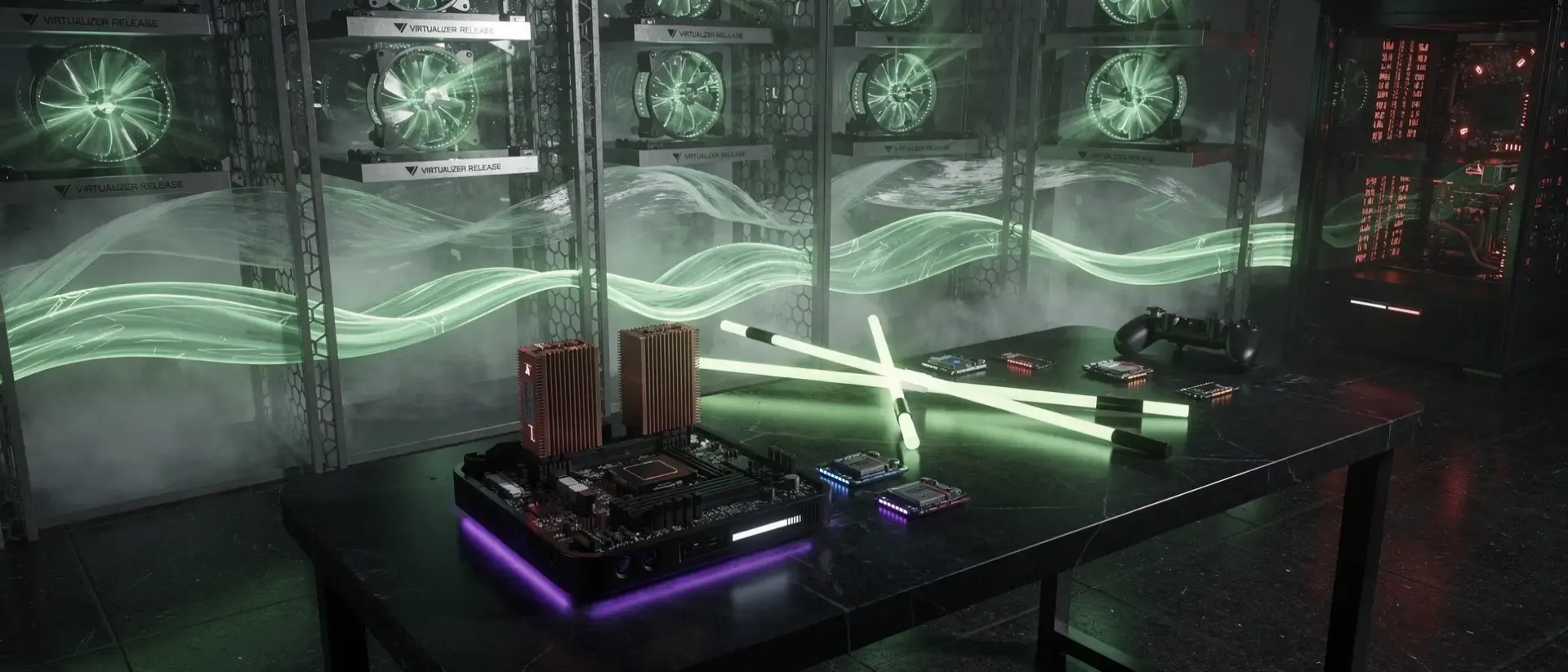Isometrische Cyberpunk-Werkstatt mit leuchtenden neon-grünen Adern, zerlegten Gaming-Komponenten und violettem UV-Licht auf dunklem Obsidian.