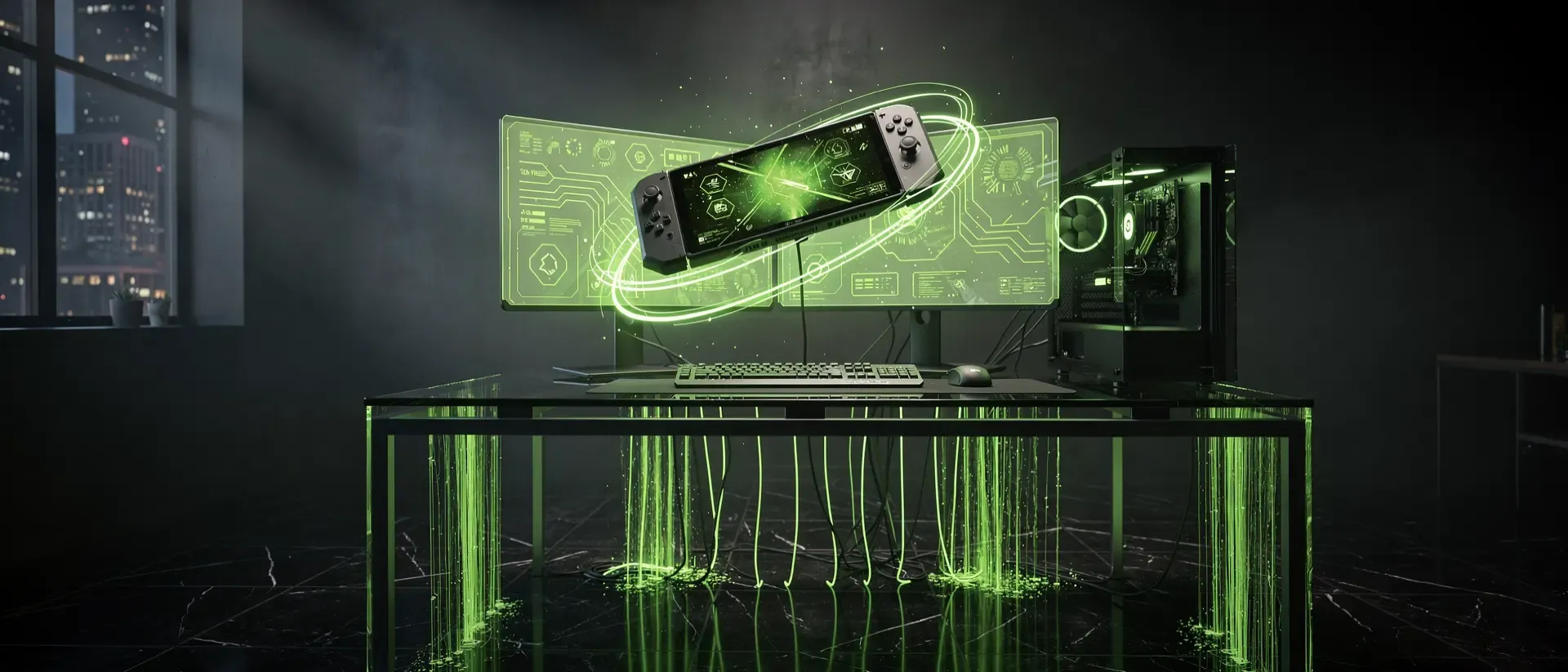 Ein futuristischer Cyberpunk-Gaming-Arbeitsplatz mit schwebenden Handhelds, neongrünen Lichteffekten und holografischen Displays auf einem Glas-Schreibtisch.