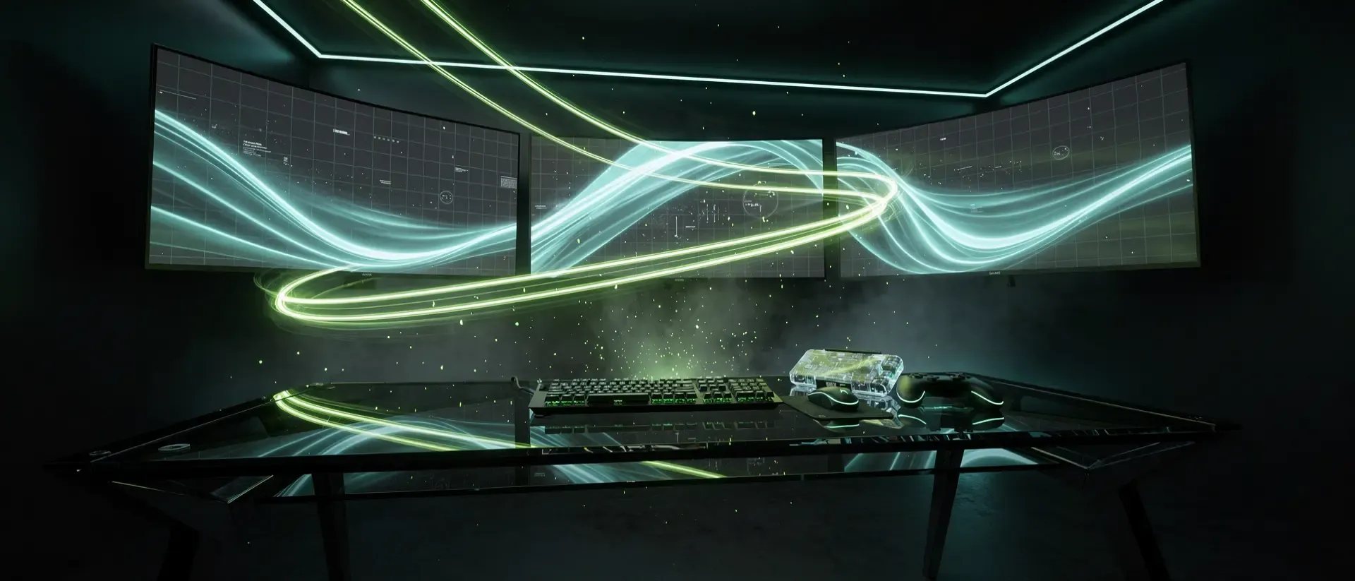 Futuristische Gaming-Ecke im Cyberpunk-Stil mit neon-grüner Beleuchtung, Curved-Monitoren und High-End-Equipment in einem dunklen Raum.