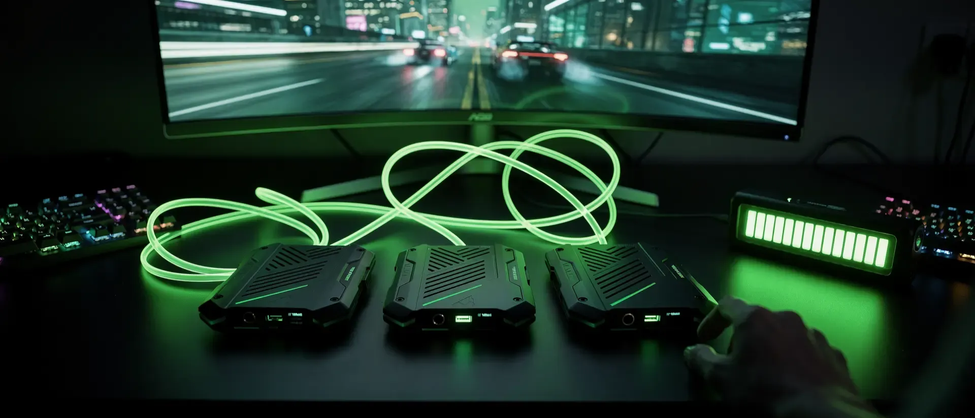 Futuristische Gaming-Ecke bei Nacht mit drei Handheld-Konsolen, neon-grünen Lichteffekten, einem Curved-Monitor und einer cyber-ästhetischen Atmosphäre.
