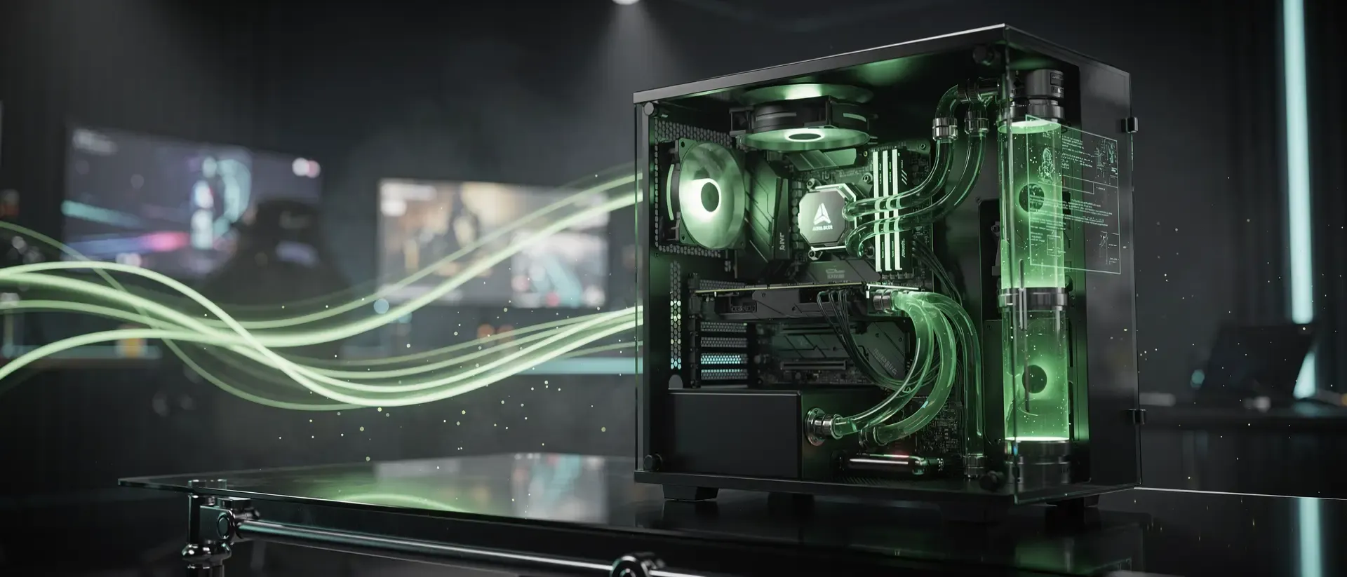 Futuristisches Gaming-Setup in einem dunklen Cyberpunk-Raum mit leuchtenden neongrünen Datenströmen und einer transparenten High-Tech-PC-Hardware.