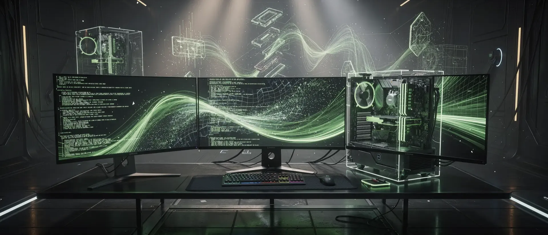 Futuristisches Cyberpunk-Gaming-Setup in dunkler Atmosphäre mit leuchtend neongrünen Lichtspuren, digitalen Datenströmen und glühenden Komponenten.