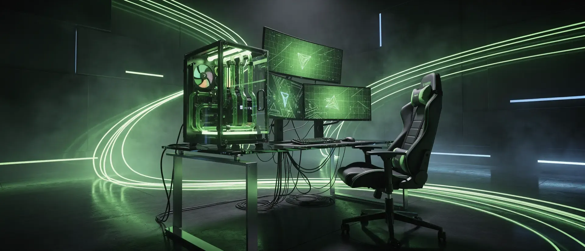 Ein futuristisches High-End-Gaming-Zimmer mit dunklem Hintergrund und leuchtenden, neongrünen Lichtspuren in einem cinematischen Breitbildformat.