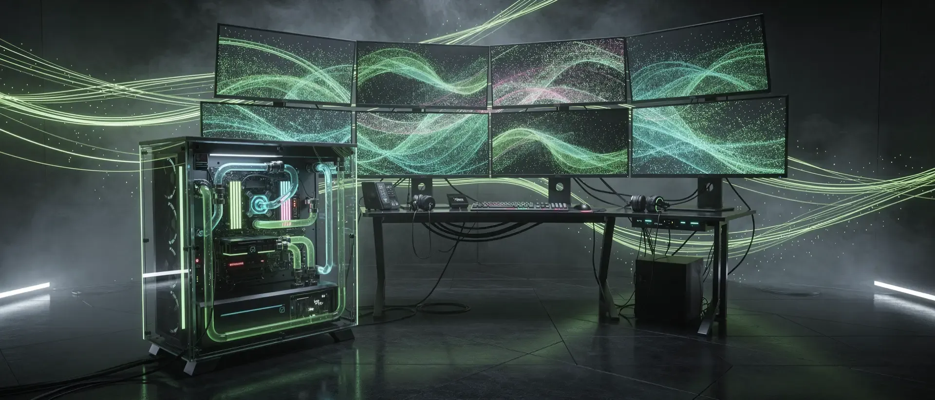 Futuristisches Gaming-Command-Center im Cyberpunk-Stil mit grün leuchtenden Datenströmen, gekrümmten Monitoren und hochmoderner Hardware.