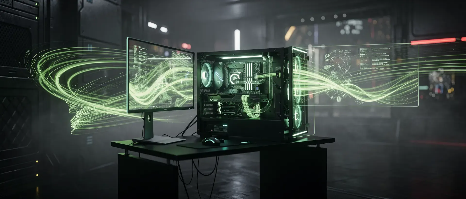 Futuristisches Gaming-Setup in einem dunklen Cyberpunk-Raum mit leuchtend neongrünen Lichtbahnen, digital wirkenden Datenströmen und Nebel.