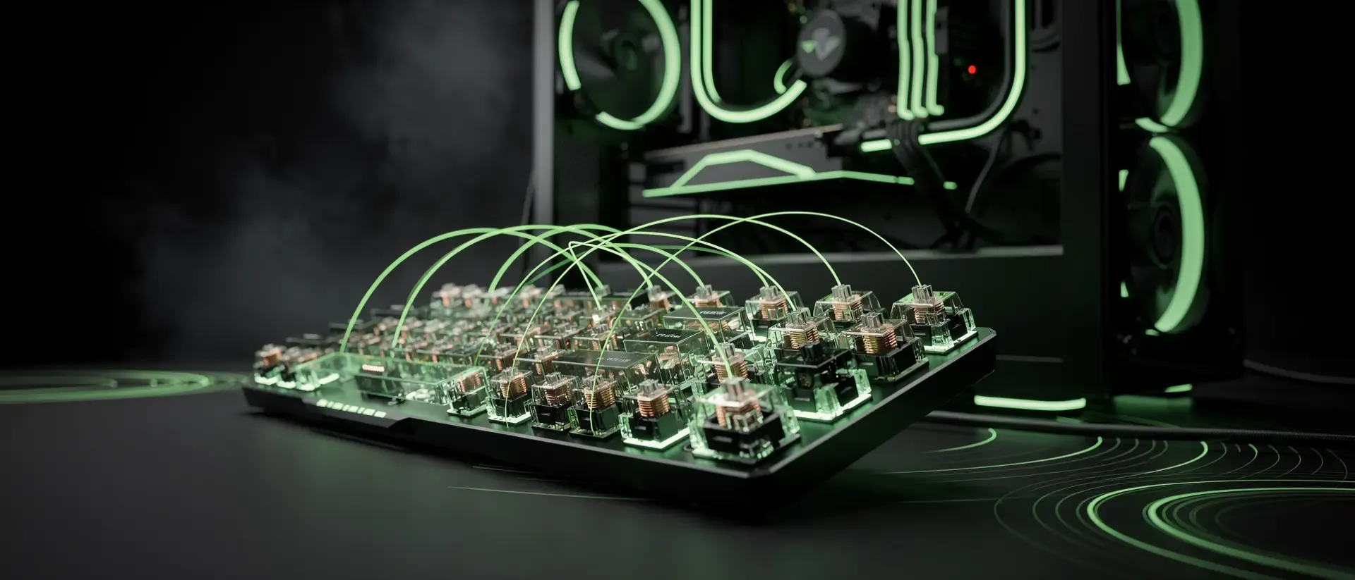 Nahaufnahme einer futuristischen, neon-grün leuchtenden mechanischen Tastatur mit sichtbaren magnetischen Schaltern in einem Cyberpunk-Gaming-Setup.