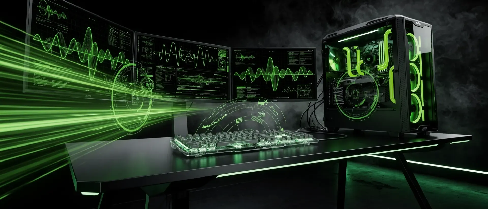 Futuristisches Cyberpunk-Streaming-Setup mit neon-grünen Lichteffekten, holografischen Anzeigen und einem beleuchteten Gaming-PC in dunkler Atmosphäre.