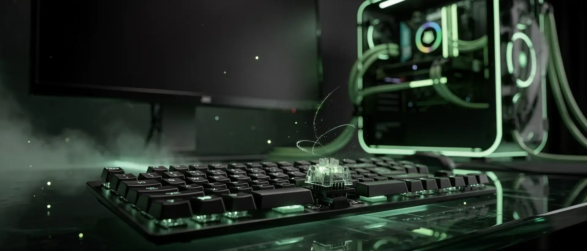 Ein futuristisches Cyberpunk-Gaming-Setup mit einer neon-grün leuchtenden mechanischen Tastatur in einer dunklen, atmosphärischen Umgebung mit Nebel.