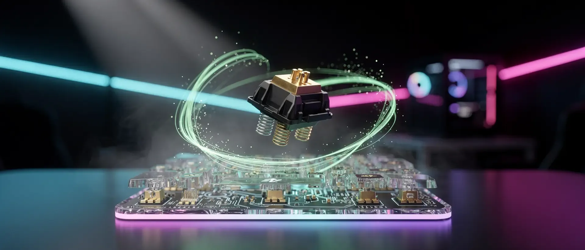 Makroaufnahme eines schwebenden, dekonstruierten mechanischen Tastatur-Switches mit leuchtenden neon-grünen Datenströmen in einer Cyberpunk-Atmosphäre.