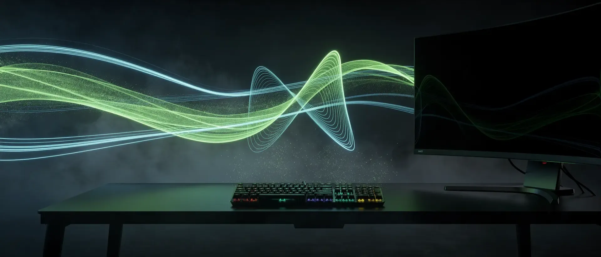 thoughtFuturistische Gaming-Station in dunkler Cyber-Ästhetik mit neongrüner Beleuchtung, holografischen Linien und atmosphärischem Nebel.