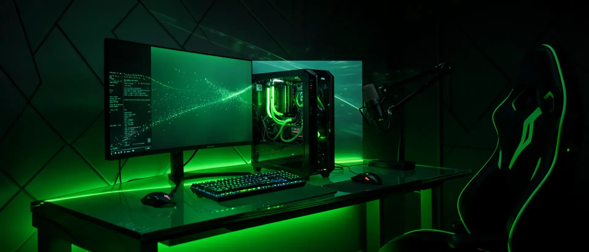 Futuristischer Gaming- und Streaming-Arbeitsplatz im Cyberpunk-Stil mit mehreren gebogenen Monitoren, RGB-PC und neon-grünen Lichteffekten.