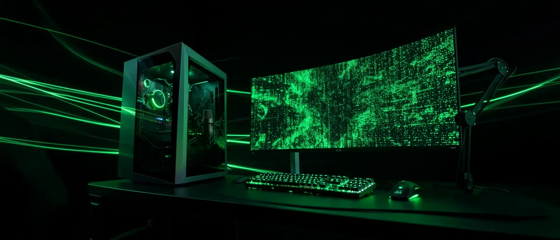 Futuristische Cyberpunk-Gaming-Station mit grün leuchtendem PC, Ultrawide-Monitor und High-Tech-Equipment in einer atmosphärischen Neon-Umgebung.