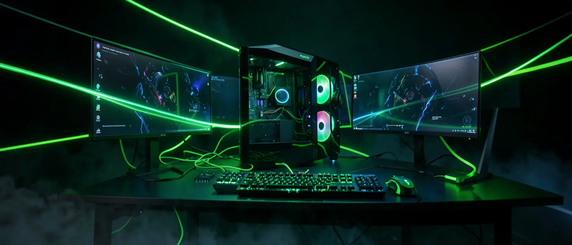 Cyberpunk-Gaming-Setup mit Neon-Grün-Akzenten, Ultrawide-Monitor, RGB-Beleuchtung und einem futuristischen PC mit Flüssigkeitskühlung auf Glas.