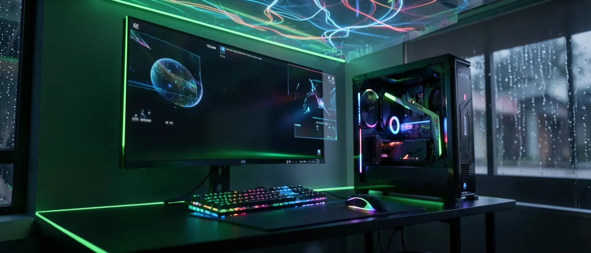 Futuristisches Gaming-Setup mit Ultrawide-Monitor, neon-grünen LED-Akzenten, holografischen Displays und RGB-Beleuchtung in dunkler Cyberpunk-Atmosphäre.