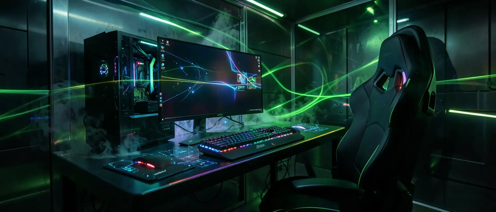 Ein futuristischer Gaming-Schreibtisch in einem dunklen Cyberpunk-Zimmer mit neongrünen Akzenten, zwei Curved-Monitoren und einem transparenten PC-Gehäuse.