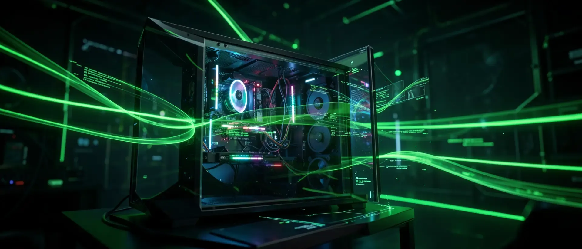 Cinematische Cyberpunk-Gaming-Station mit transparentem Gehäuse und leuchtenden neongrünen Lichteffekten sowie holografischen Datenströmen.