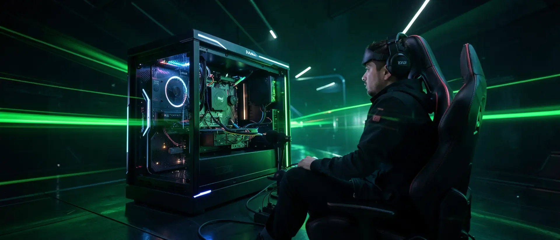 Ein futuristischer Cyberpunk-Gaming-Setup mit leuchtend grünen Neonlichtern, High-End-PC, VR-Headset und einem Streamer in Bewegung.
