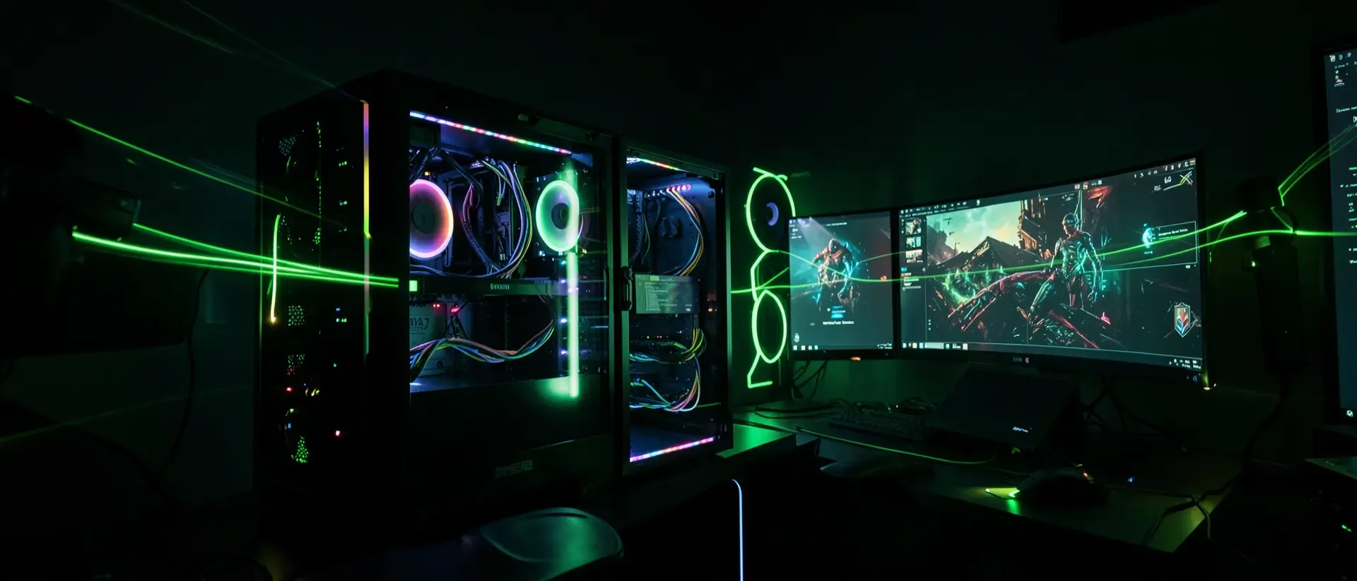 Futuristischer Gaming-PC mit neongrünen Lichteffekten, mehreren Monitoren und einer Streamer-Silhouette in einem dunklen Cyberpunk-Zimmer.