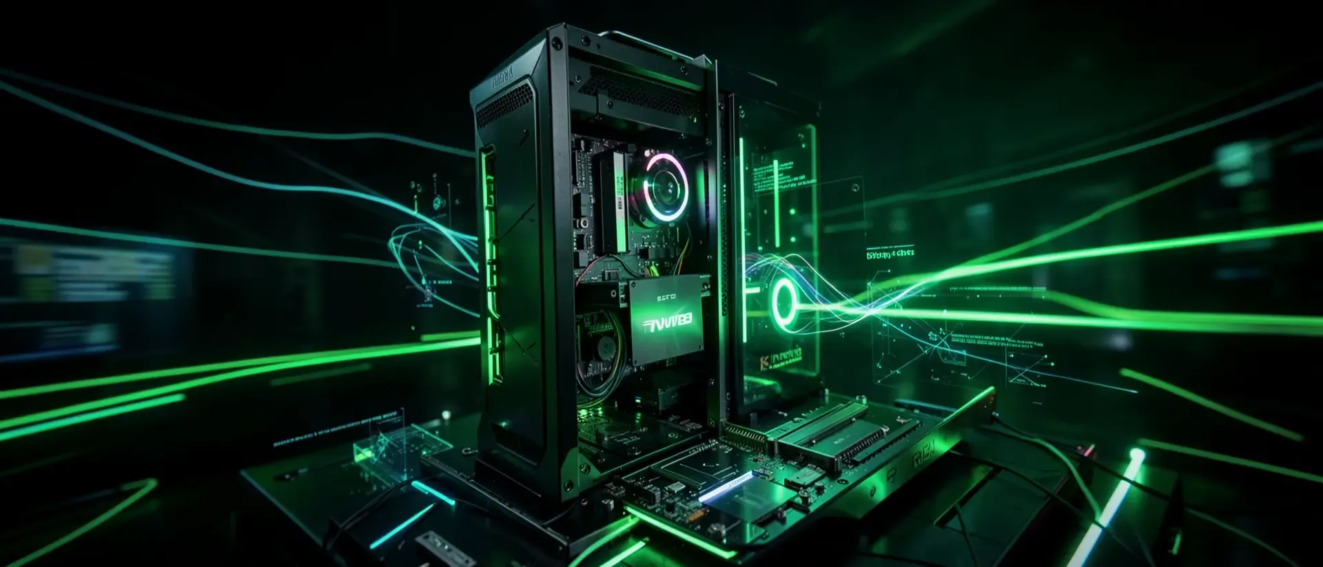 Futuristisches Cyberpunk-Gaming-Setup mit leuchtend neongrünen Lichteffekten und einer NVMe-SSD, die in ein High-End-Mainboard eingesetzt wird.