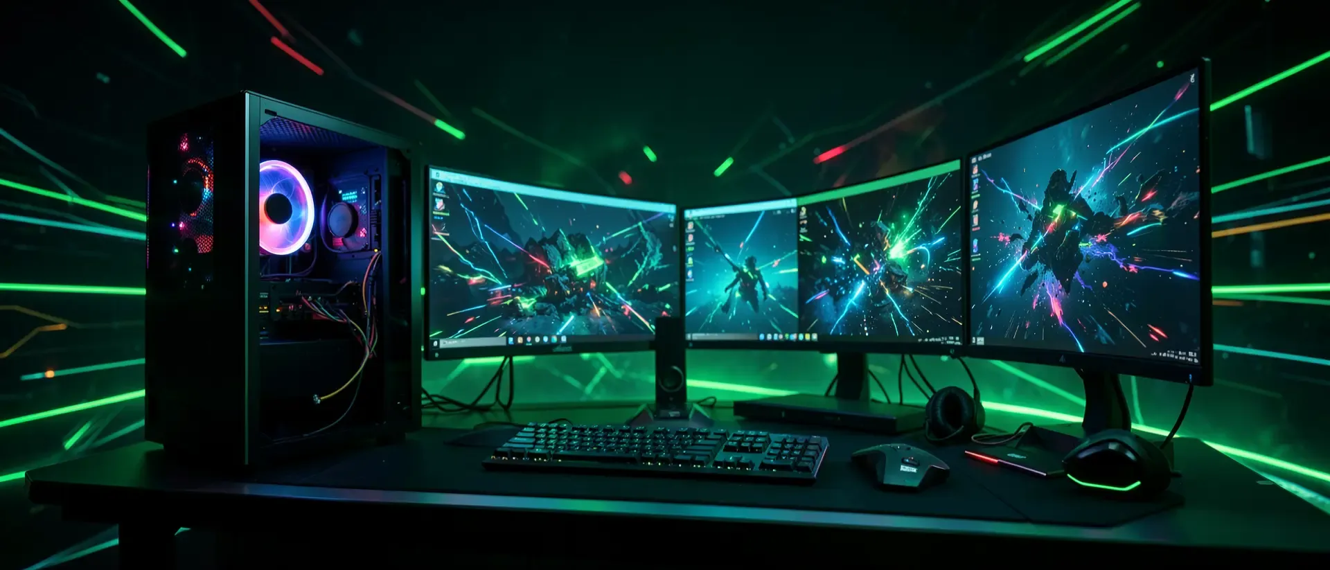 Futuristisches Gaming-Setup mit flachen Monitoren, Flüssigkeitskühlung und neon-grüner RGB-Beleuchtung vor einem dunklen, cineastischen Hintergrund.