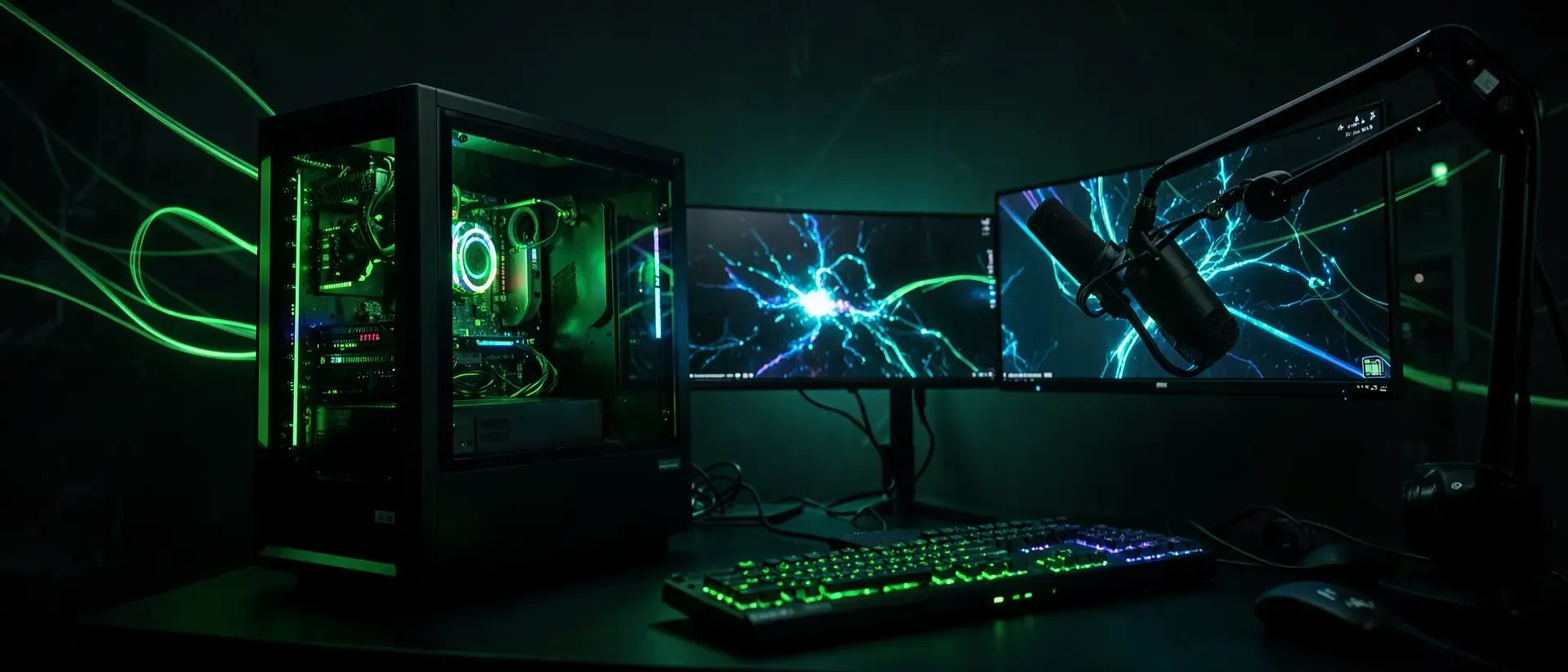 Futuristisches Cyberpunk-Gaming-Setup mit wassergekühltem PC, Triple-Monitor-Anordnung und leuchtend neongrünen Akzenten in dunkler Atmosphäre.