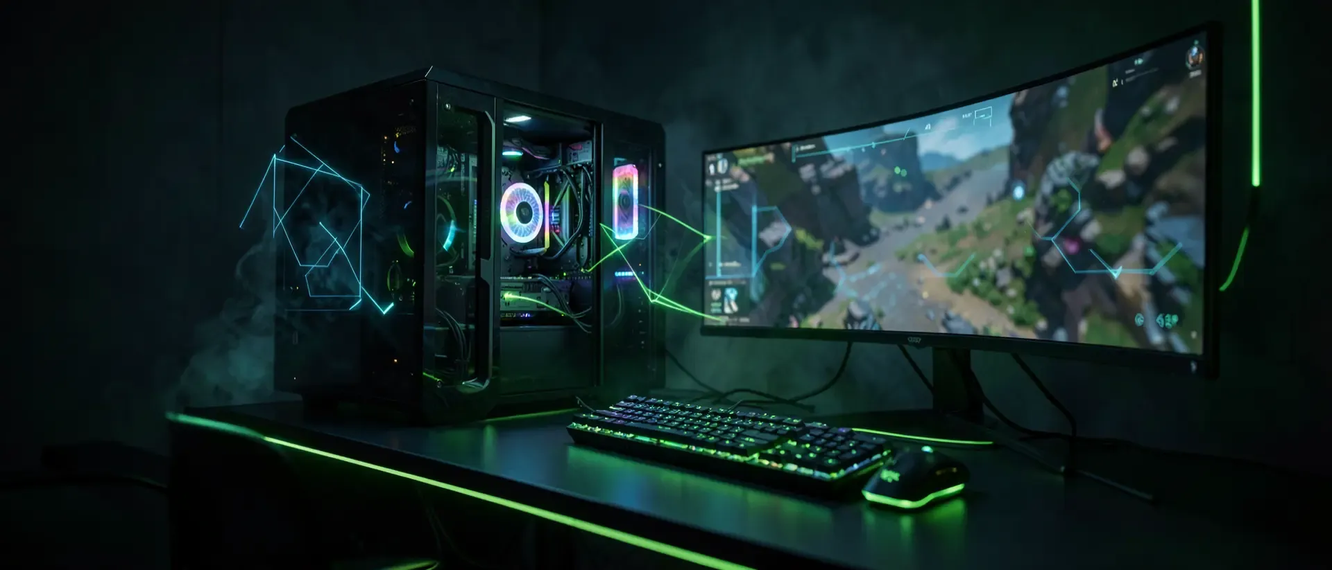 Ein futuristischer Gaming-PC mit neongrüner RGB-Beleuchtung und holografischen Displays in einem dunklen, rauchigen Cyberpunk-Zimmer.