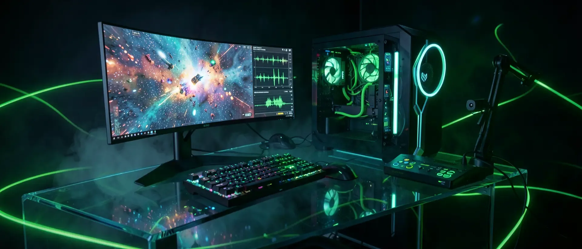 Futuristisches Gaming-Setup im Cyberpunk-Stil mit neon-grünen Lichteffekten, Ultrawide-Monitor, wassergekühltem PC und Streaming-Equipment.