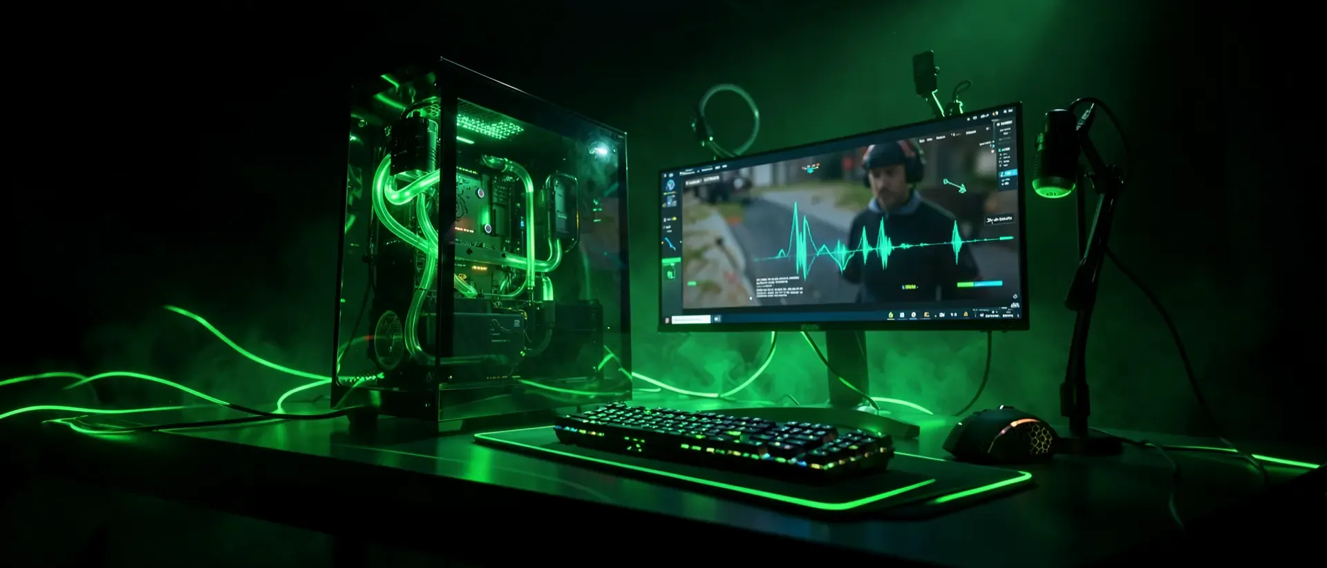 Futuristisches Gaming-Setup in Dunkelheit mit leuchtend neongrünen Lichtspuren, Glas-PC, Dual-Monitoren und professionellem Streaming-Equipment.