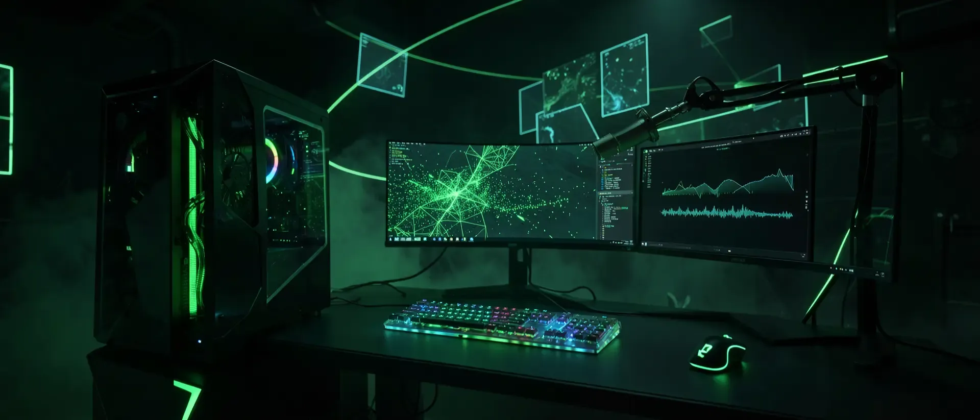 Futuristisches Cyberpunk-Gaming-Setup in einem dunklen Raum mit neongrüner Beleuchtung, Triple-Monitor-Konfiguration und einem High-End-PC.