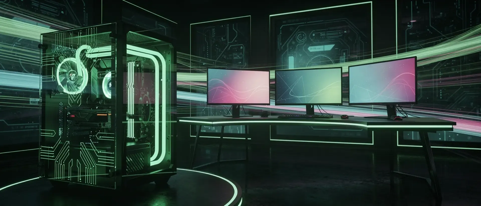 Ein futuristischer Gamer in einem Gaming-Stuhl vor einem dunklen Cyberpunk-Hintergrund mit leuchtend neongrünen Lichtspuren und Hologrammen.