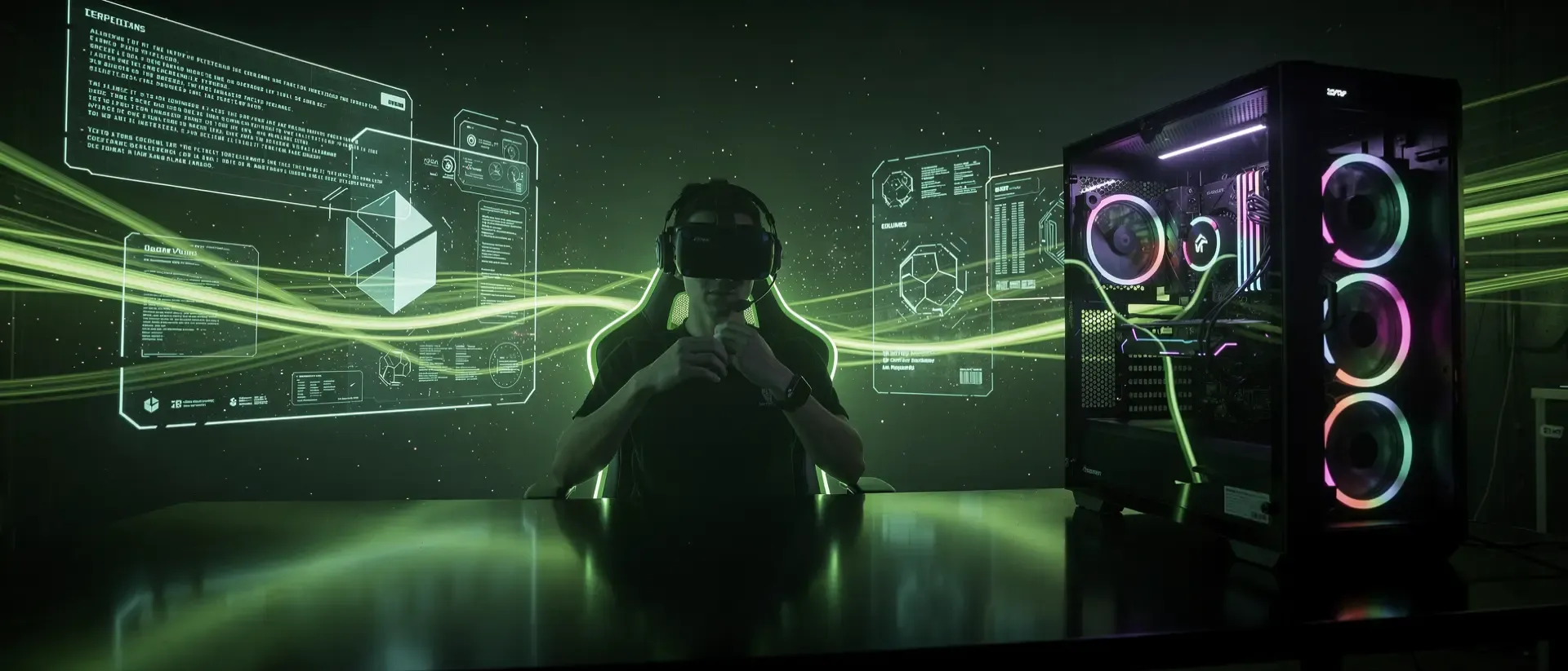 Cyberpunk-Gaming-Setup mit grün leuchtendem PC, holografischen Interfaces und einer Silhouette vor einem futuristischen, neonbeleuchteten Hintergrund.