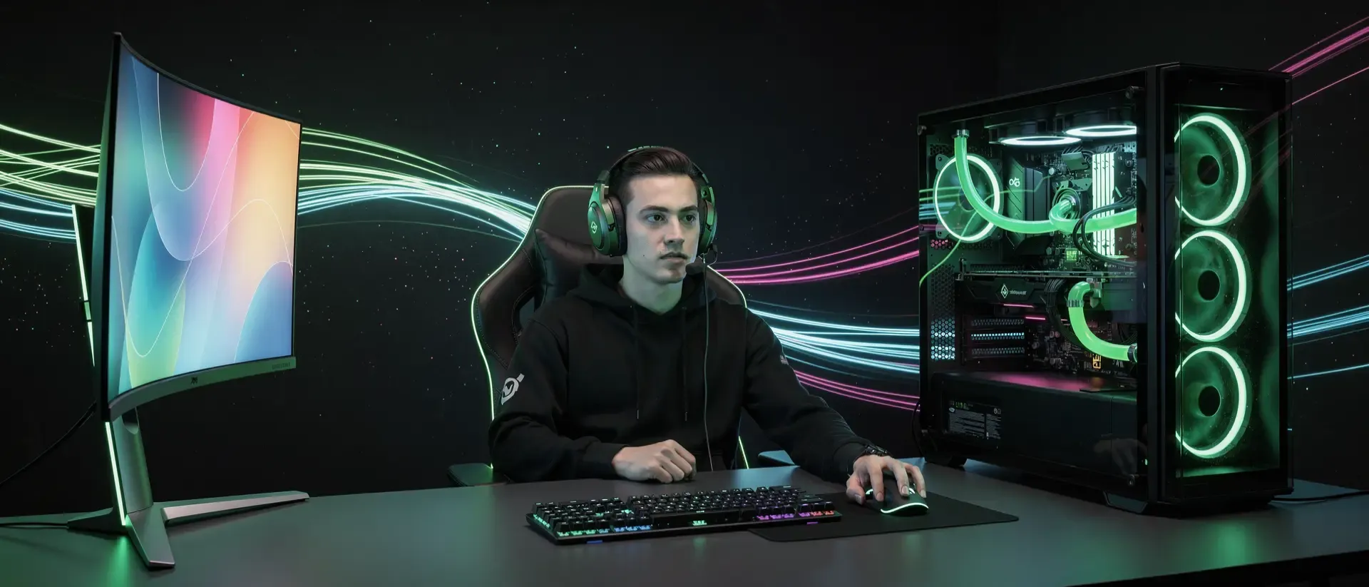 Futuristische Cyberpunk-Szene mit einem Streamer-Setup, leuchtenden neongrünen Lichtspuren, holografischen UI-Elementen und einer dunklen Skyline.
