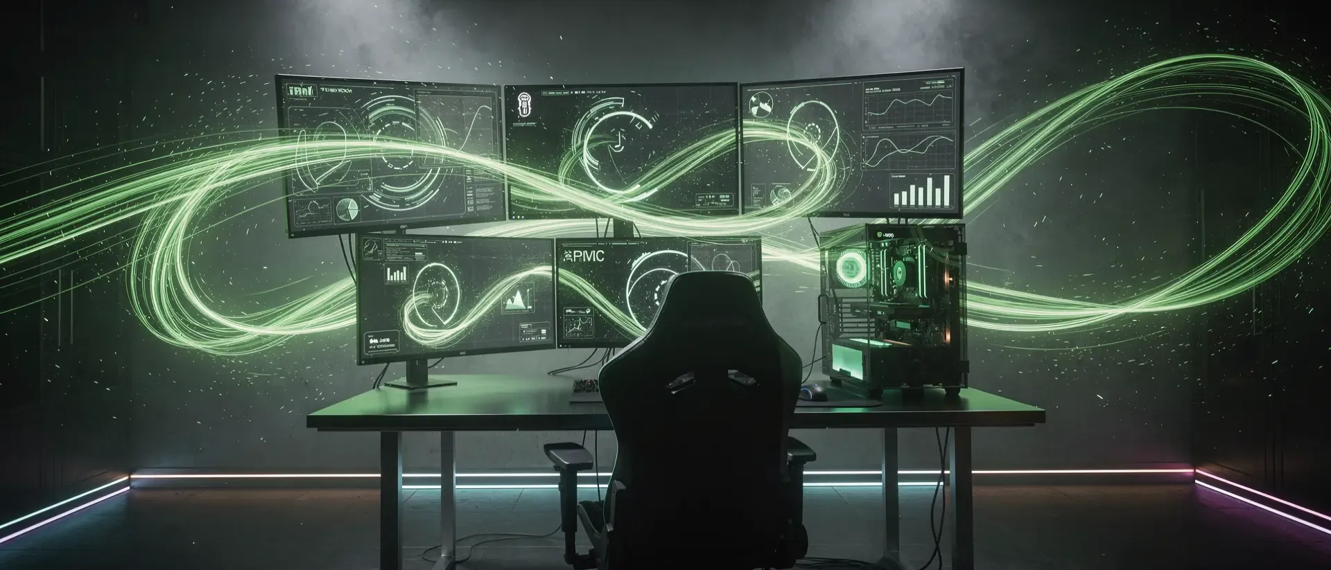 Cyberpunk-Gaming-Setup mit Ultrawide-Monitor, futuristischem PC mit grüner Neon-Beleuchtung und einem Streamer in einer dunklen Neon-Ästhetik.
