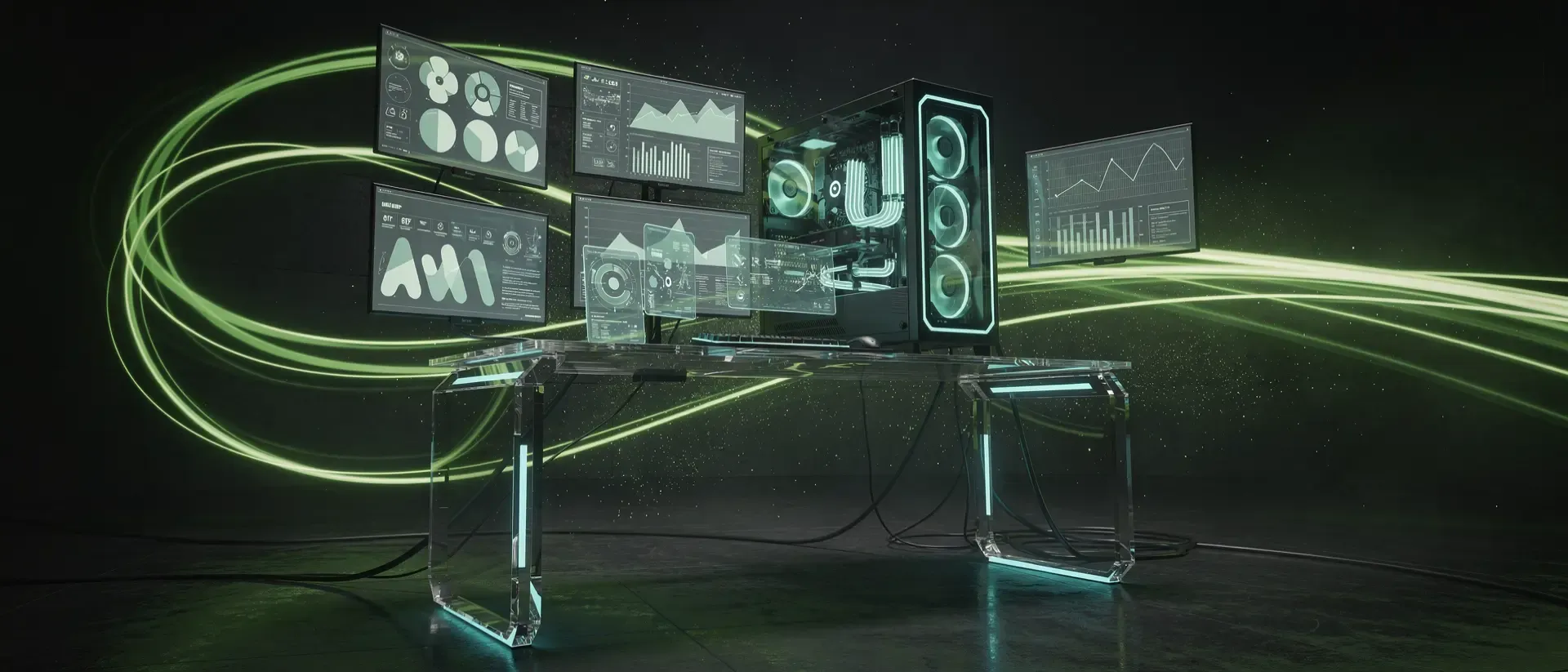 Ultraweites Cyberpunk-Gaming-Setup mit schlanken Monitoren, holografischen UI-Elementen und leuchtenden neon-grünen Datentiteln in dunkler Atmosphäre.