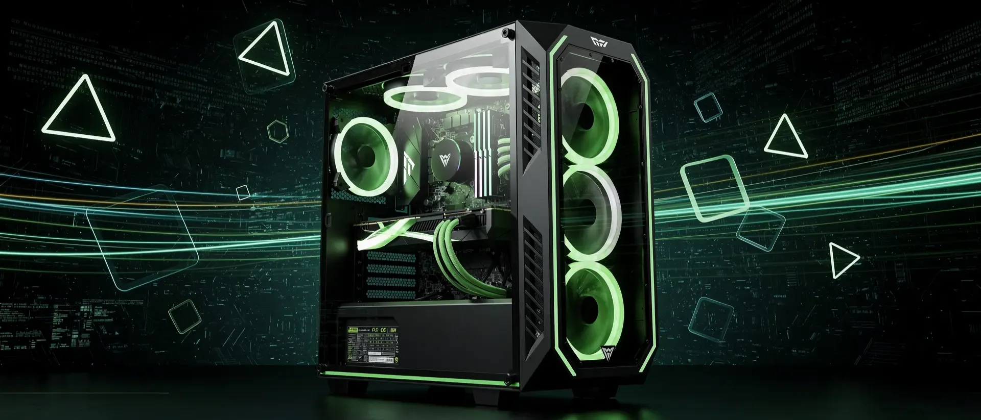 Futuristische Gaming-PC-Tower im Cyberpunk-Stil mit neongrünen Akzenten vor einem Hintergrund aus holografischen Datenströmen und Lichteffekten.