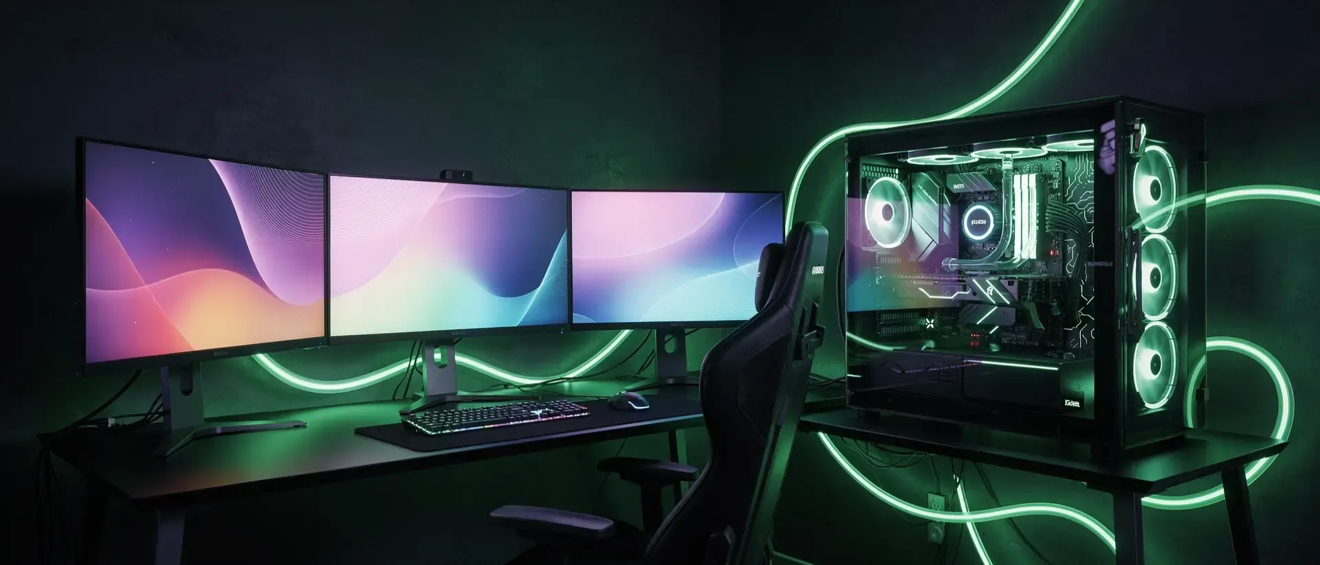 Futuristisches Cyberpunk-Gaming-Setup mit leuchtend neongrünen Lichtspuren, einem High-End-PC und dynamischen Lichteffekten in dunkler Atmosphäre.