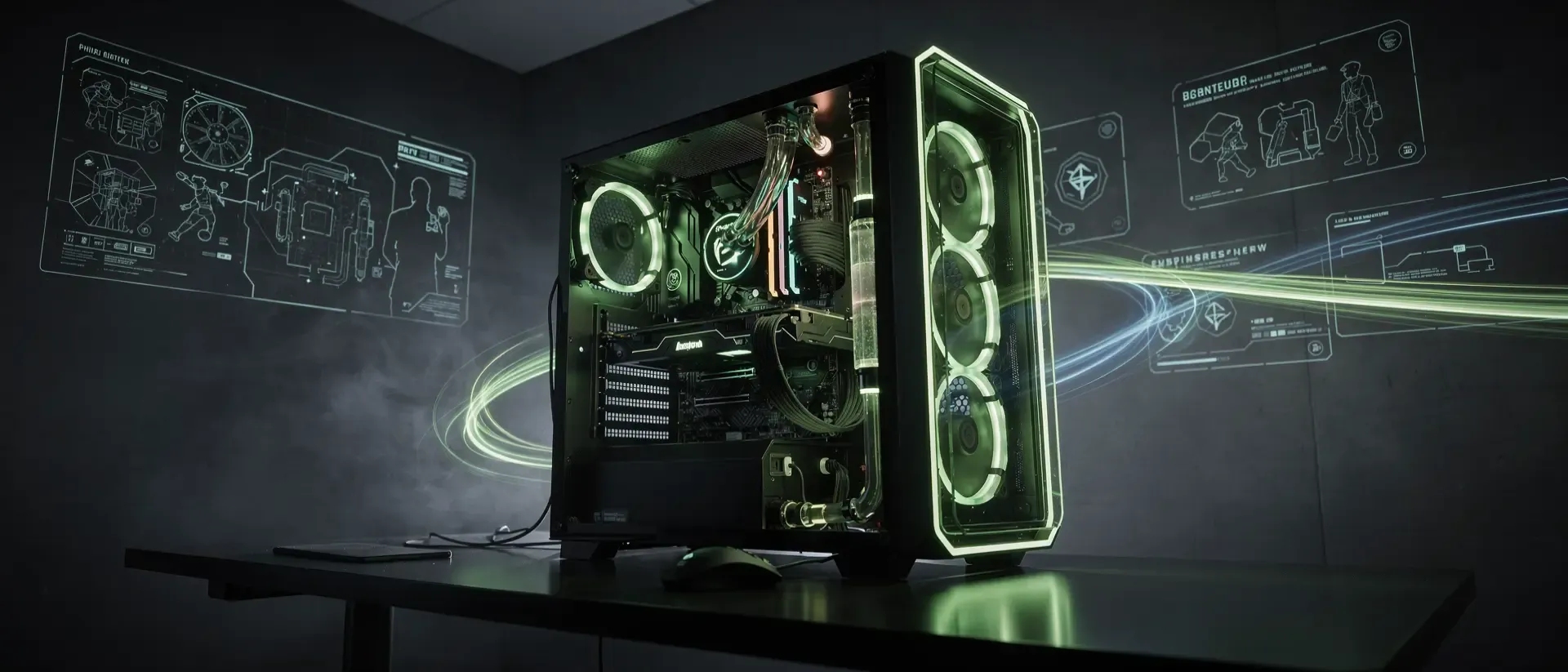 Futuristischer Gaming-PC in einem dunklen Cyberpunk-Zimmer mit neongrünen Lichtakzenten, holografischen Silhouetten und dramatischer Beleuchtung.