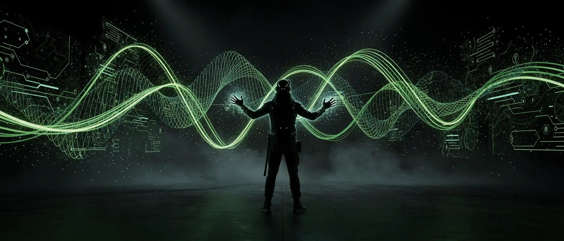 Ein dunkles, futuristisches Kommandozentrum mit neon-grünen, pulsierenden Schaltkreis-Lichtspuren und einer geheimnisvollen Silhouette im Nebel.