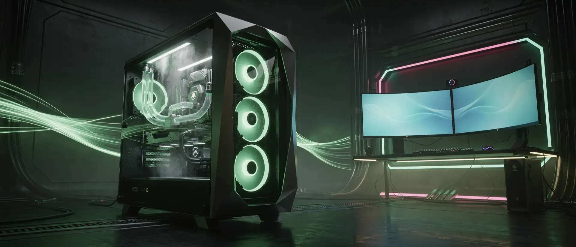 Ultrawide-Cyberpunk-Gaming-Setup mit futuristischem PC, Flüssigkeitskühlung und neongrünen Akzenten vor einem dunklen Hintergrund mit Lichtspuren.
